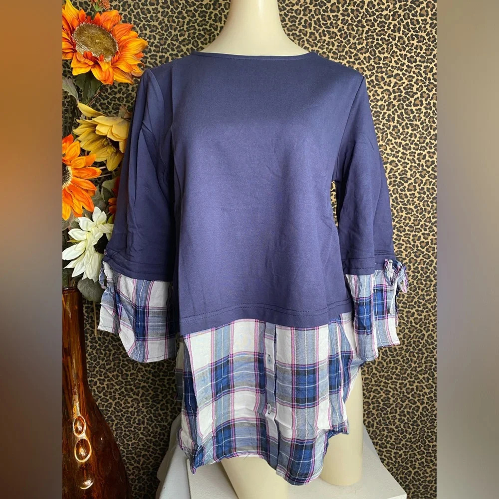 🌴3/$30🌴DOE & RAE Denim/Navy Orchid Plaid 3/4 Tie Sleeve 2-Tone Top NWT